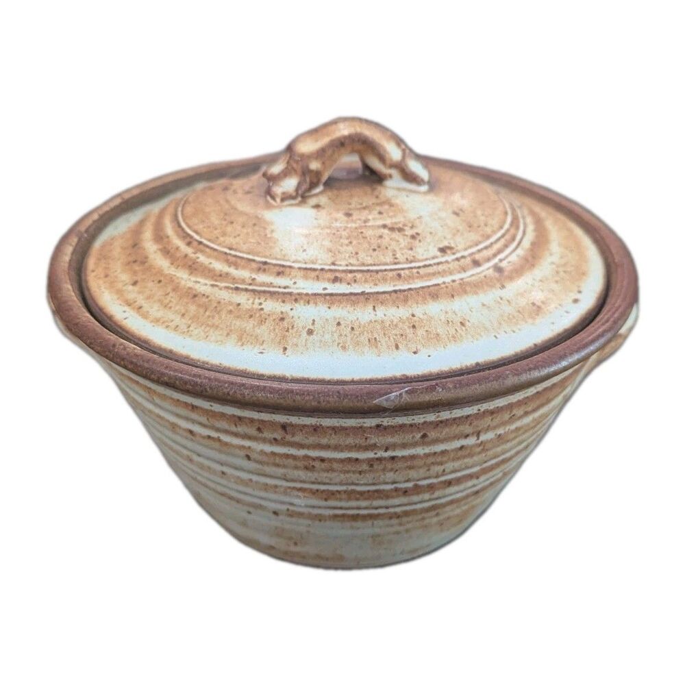 VINTAGE MCM Hand Thrown  Art Pottery Covered Stoneware Casserole Dish Rustic